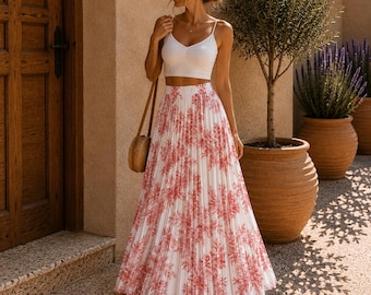 Falda midi plisada floral, falda de talle alto en línea A, falda fluida vintage para mujer, falda floral de verano, talla única.