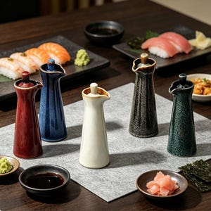May include: Five ceramic soy sauce dispensers in red, blue, white, black, and green, each featuring a tapered neck, a small pouring spout, and a matching lid. These upright vessels are arranged on a grey mat alongside small bowls of soy sauce, ginger, and plates of sushi.