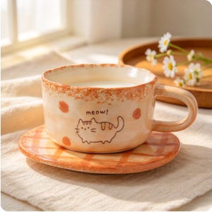 May include: A ceramic mug and matching saucer featuring a light orange and white colour palette. The mug has a speckled orange rim, a hand-drawn illustration of a cat, and the text meow! printed on the side. The saucer has an orange plaid pattern.