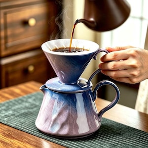 May include: A ceramic pour-over coffee dripper set featuring a blue and purple gradient finish with a textured, rippled surface. The dripper sits atop a matching carafe with a handle, while dark coffee is poured into the white-lined interior.