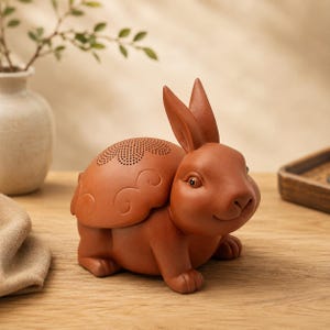 Può includere: Una statuetta di coniglio in ceramica color marrone rossiccio con un dorso simile a un guscio caratterizzato da un motivo circolare traforato e dettagli a spirale in rilievo. Il coniglio è raffigurato in posizione seduta con orecchie dritte.