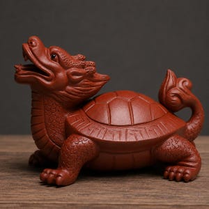Puede incluir: Una figura de arcilla de color marrón rojizo que representa una criatura mítica con cabeza de dragón y cuerpo de tortuga. La criatura presenta escamas detalladas en el cuello y las patas, un caparazón con patrones y una cola curva, todo con un acabado mate.