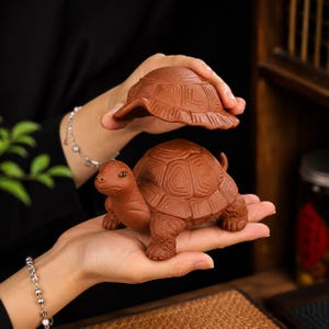 Può includere: Una statuetta di tartaruga in argilla marrone rossiccio con un coperchio a guscio rimovibile. La tartaruga presenta un motivo a pelle squamosa e strutturata sulle zampe e un design a guscio geometrico segmentato. Il coperchio è tenuto separatamente.