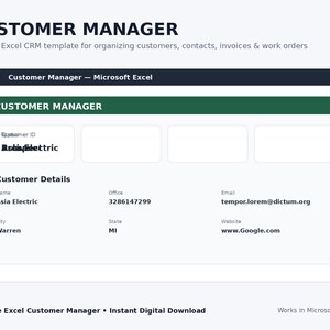 Puede incluir: Una plantilla digital de gestión de clientes para Microsoft Excel con una barra de encabezado verde oscuro, campos de entrada blancos y secciones organizadas para detalles del cliente como nombre, oficina, correo electrónico, ciudad, estado y sitio web.