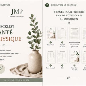 Peut inclure: Un document de checklist santé physique avec un vase beige moucheté et des branches d'eucalyptus. Le texte indique JM PRENDRE SOIN DE SOI, CHECKLIST SANTÉ PHYSIQUE, et présente huit pages pour le suivi des habitudes de santé au quotidien.