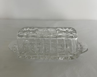Vintage Anchor Hocking Glass Butter Dish | Starburst Pressed Glass Covered Butter Dish | Clear Vintage Kitchen Tableware