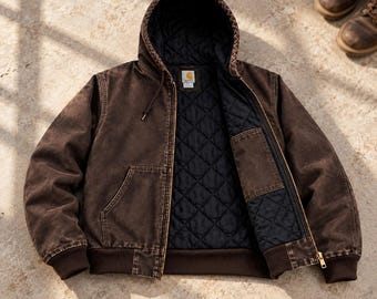 Vintage Carhartt J130 Active Jacket DKB Dark Brown Duck Canvas Mens Hooded Workwear Coat 90s Y2K Grunge Retro Streetwear Heavyweight