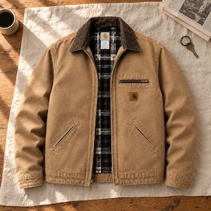 May include: A tan canvas jacket with a dark brown corduroy collar and a full-length front zip. The interior features a black, white, and tan plaid lining. It includes a zipped chest pocket, two lower welt pockets, and a Carhartt brand patch.