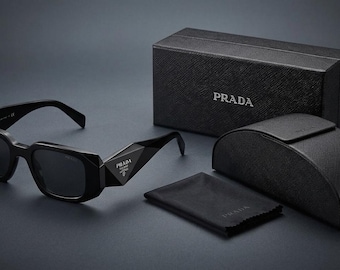 Prada Sunglasses Black, Chunky Rectangle Sunglasses Women Men, Retro Geometric Square Eyewear, Thick Frame Y2K Sun Glasses, Trendy Gift