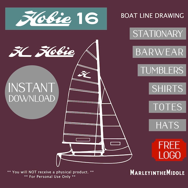 Hobie 16 Sailboat Raceboat Artwork Digital Download, Boat line drawing sketch art custom image