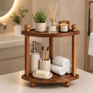 May include: A two-tier wooden corner shelf with a dark brown finish. The top shelf holds a small potted green plant, a glass aromatherapy diffuser with reeds, and a brown candle labeled Relax. The bottom shelf holds a soap dispenser, a toothbrush holder with two bamboo toothbrushes, a bar of soap on a dish, and three rolled white towels.