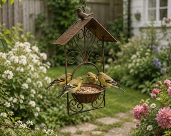 Rainproof Hanging Bird Feeder Metal Bird Feeder Outdoor Garden Bird Feeding Station Patio Balcony Yard Decor