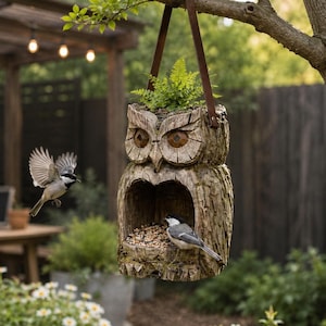 May include: A hanging bird feeder shaped like a carved owl with a textured bark-like exterior. The owl features large eyes, a hollowed-out belly filled with birdseed, and a green fern planted on top. It is suspended by a brown leather strap.