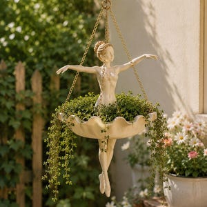 May include: A hanging planter featuring a cream-coloured figurine of a dancer with arms outstretched. The dancer stands in a scalloped bowl that holds green trailing foliage. The entire structure is suspended by three thin gold-toned metal chains.