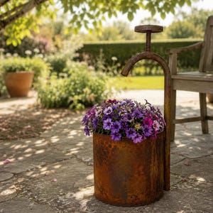 Peut inclure: Une jardinière cylindrique en métal rouillé dotée d'un tuyau vertical attaché avec une poignée à vis sur le dessus. La jardinière est remplie d'un groupe dense de petites fleurs violettes et mauves vibrantes aux centres sombres.