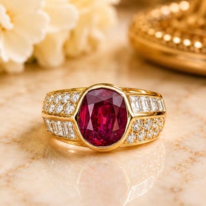 Op de afbeelding: Een gouden ring met een grote, ovaal geslepen dieprode edelsteen in het midden, gezet in een geelgouden zetting. De ring is versierd met rijen kleine, rond geslepen witte diamanten en rechthoekige baguette geslepen witte diamanten.