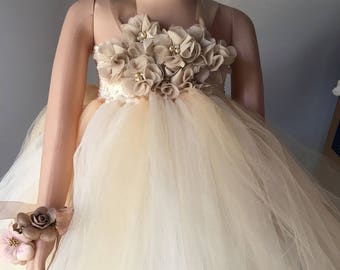 Rustic ivroy champagne flower girl dress flower girl tutu dress widding flower girl dress come with flower crown and bracelet all kids sizes