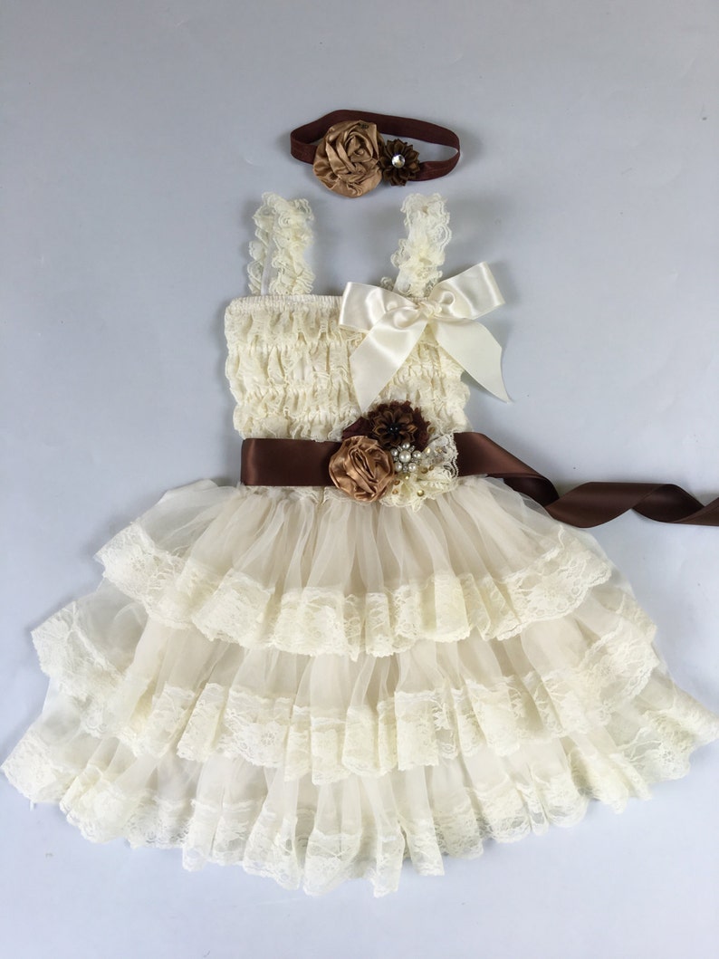 lace petti dress ruffler top flower girl tea party Birthday headband bow sash