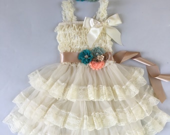 45%sale Extra Full Flower Girl Spitzenkleid, BabyPuppe Brautjungfern Mädchen Hochzeit, Geburtstag Mädchen, Schärpe Rüschen Spitze Country Couture Stil