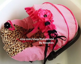 Baby Car Seat Cover Canopy, Infant Car Seat Cover Canopy, Leopard Cheetah Hot Pink, for Baby Girl, fit most Infant car seat