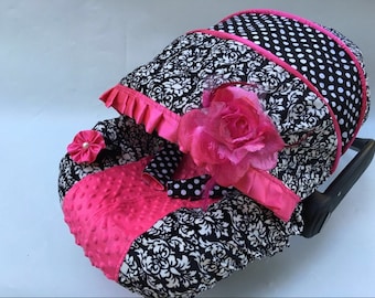 Baby Car Seat Cover Canopy, Infant Car Seat Cover Canopy, Damask/Polka Dots Hot Pink, for Baby Girl, fit most Infant car seat