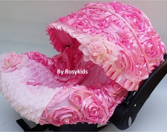 NEW!! Baby Car Seat Cover Canopy, Infant Car Seat Cover Canopy,3D Rosette Damask Pink, Baby Girl, fit most car seat, 20% off