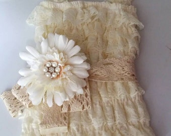 Vintage ivory champagne lace posh petti ruffle romper baby girl romper girl romper headband  sash set birthday photo picture