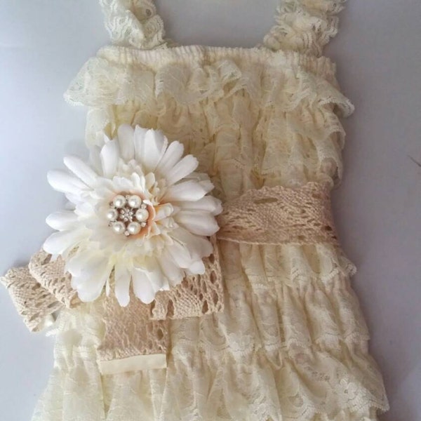 Vintage ivory champagne lace posh petti ruffle romper baby girl romper girl romper headband  sash set birthday photo picture