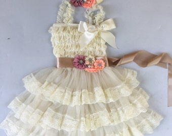 45%off SALE Extra Full Flower Girl Lace Dress, Baby Doll Bridesmaid Girl Wedding, Birthday Girl, Sash Ruffle Lace Country Couture Style