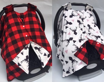 Baby Car Seat Cove blanket Deer Black - Cream with Red Buffalo Plaid Flannel-Shower gift used on both sides