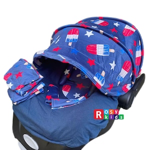 9pc Baby Boy Baby Girl Ultimate Set of Infant Car Seat Cover Canopy Headrest Liner Blanket Hat Nursing Scarf Highland Cow July 4th