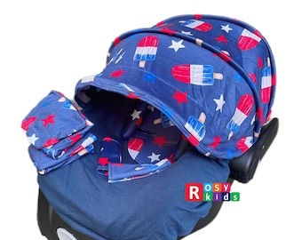 9pc Baby Boy Baby Girl Ultimate Set of Infant Car Seat Cover Canopy Headrest Liner Blanket Hat Nursing Scarf Highland Cow July 4th