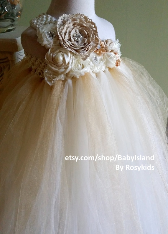 Flower Girl Tutu Dress, Birthday Girl Tutu, Newborn-8yr, Burlap Lace,  Golden, Rustic Country Style, Brooch, 1st Birthday Tutu, Pageant, Gift -  Etsy