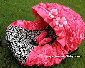 45%off Baby Car Seat Cover Canopy, Infant Car Seat Cover Canopy, 3D Rosette Damask Pink, Baby Girl, fit most car seat,