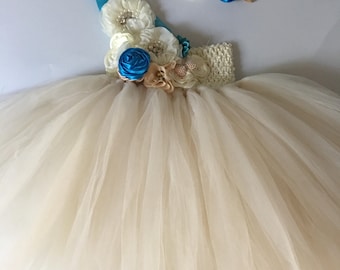Rustic ivory turquoise blue flower girl dress flower girl tutu dress wedding flower girl dress come with headband all kids sizes