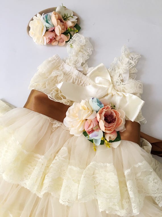 45%off SALE Extra Full Flower Girl Lace Dress, Baby Doll Bridesmaid Girl  Wedding, Birthday Girl, Sash Ruffle Lace Country Couture Style