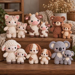 May include: A collection of twelve crocheted plush toys featuring various animals including cats, cows, bears, sheep, dogs, and koalas. Each animal is crafted from soft yarn with embroidered facial features, pink cheeks, and rounded limbs.
