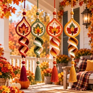 May include: Four hanging crochet ornaments featuring maple leaf motifs in autumn colors of red, orange, green, and yellow. Each piece includes a spiral tail, wooden beads, and a long tassel at the bottom, suspended by a matching yarn cord.