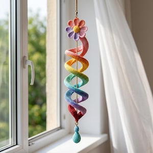 May include: A hanging crochet spiral ornament featuring a rainbow colour gradient. The top is adorned with a multi-coloured flower, and the bottom terminates in a small, light blue teardrop-shaped crochet accent, all suspended by a thin gold chain.