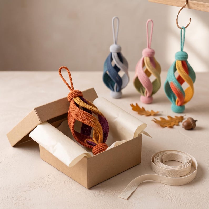 Pode incluir: Quatro ornamentos de croch&ecirc; com design de gaiola em espiral. Um ornamento laranja e roxo repousa dentro de uma caixa de papel&atilde;o marrom. Tr&ecirc;s ornamentos adicionais em azul, rosa e azul-petr&oacute;leo est&atilde;o pendurados ou posicionados por perto.