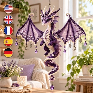 Virkmönster för drakevindspinnare i PDF-format, hängande ornament i lila halvmåne, fantasidekor