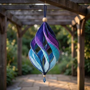 May include: A hanging spiral ornament crafted from crocheted yarn in a gradient of colors transitioning from deep purple at the top to light blue at the bottom. The structure features a wooden bead at the top and a small blue crystal drop at the base.