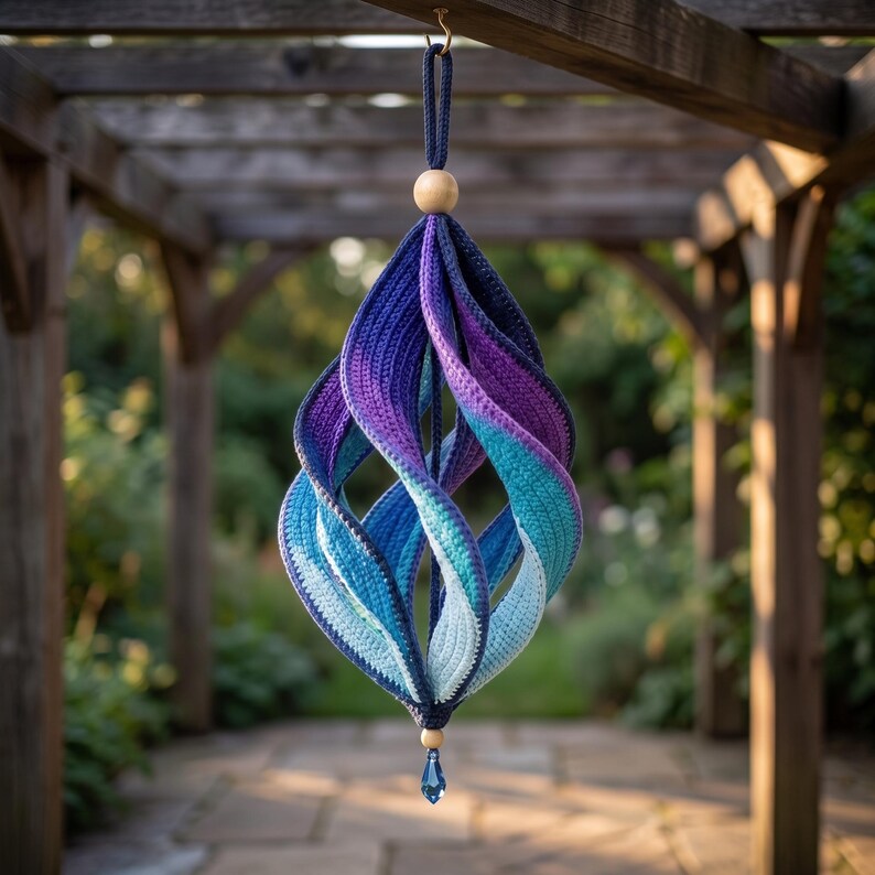 May include: A hanging spiral ornament crafted from crocheted yarn in a gradient of colors transitioning from deep purple at the top to light blue at the bottom. The structure features a wooden bead at the top and a small blue crystal drop at the base.