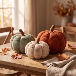 Puede incluir: Tres calabazas de ganchillo en verde salvia, crema y naranja quemado, cada una con una superficie acanalada texturizada y un tallo marrón de ganchillo. Las calabazas están dispuestas juntas, mostrando sus formas redondeadas y su suave construcción de hilo.