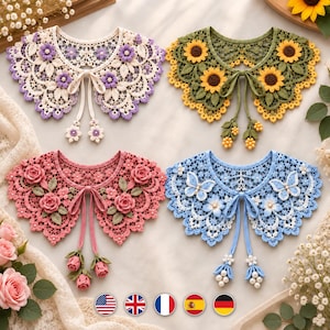May include: Four decorative lace collars featuring intricate floral and butterfly motifs. The top left is cream with purple flowers, the top right is olive green with sunflowers, the bottom left is pink with roses, and the bottom right is blue with butterflies.