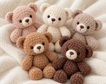 May include: Five small, plush, crocheted teddy bears in varying shades of brown, tan, cream, and light pink. Each bear features a round head, small ears, a lighter-colored muzzle, a dark brown stitched nose, and two small black bead eyes.