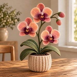 Virkad orkidémönster PDF, realistisk persika Phalaenopsisblomma, handledning för krukväxter