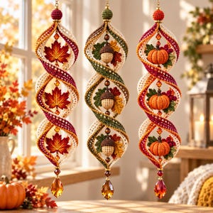 May include: Three hanging spiral ornaments featuring crochet elements in autumn colors. The first has red maple leaves, the second has brown acorns with green leaves, and the third has orange pumpkins with berries, all accented with crystal beads.