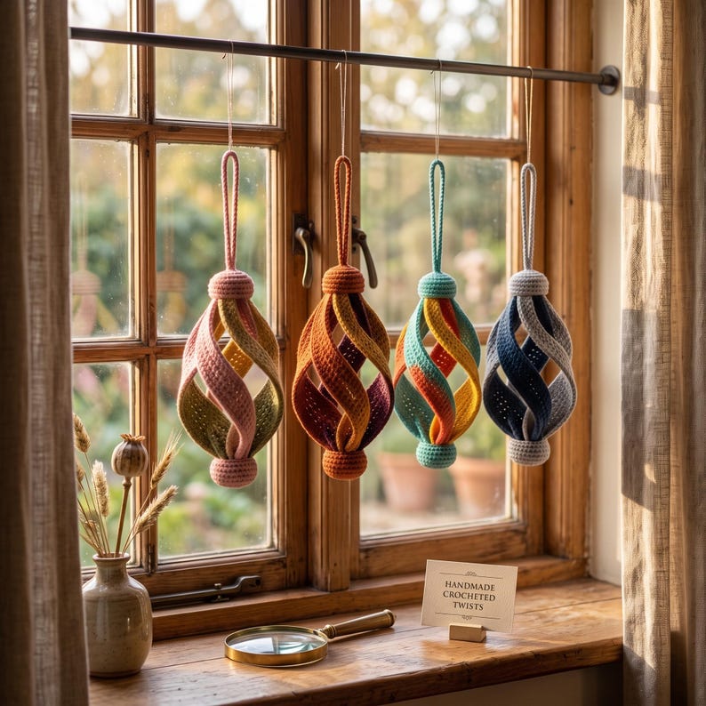 Pode incluir: Quatro ornamentos de croch&ecirc; suspensos com um design de gaiola aberta torcida em paletas de cores rosa pastel, laranja, azul-petr&oacute;leo e azul. Cada ornamento possui uma al&ccedil;a para pendurar. Uma placa na superf&iacute;cie de madeira diz HANDMADE CROCHETED TWISTS.