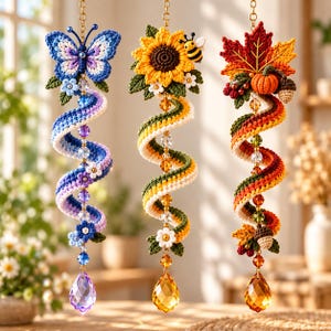 May include: Three hanging ornaments featuring crocheted designs: a blue butterfly, a yellow sunflower with a bee, and an autumn maple leaf with a pumpkin and acorn. Each piece includes a spiral crocheted tail, crystal beads, and a teardrop crystal.